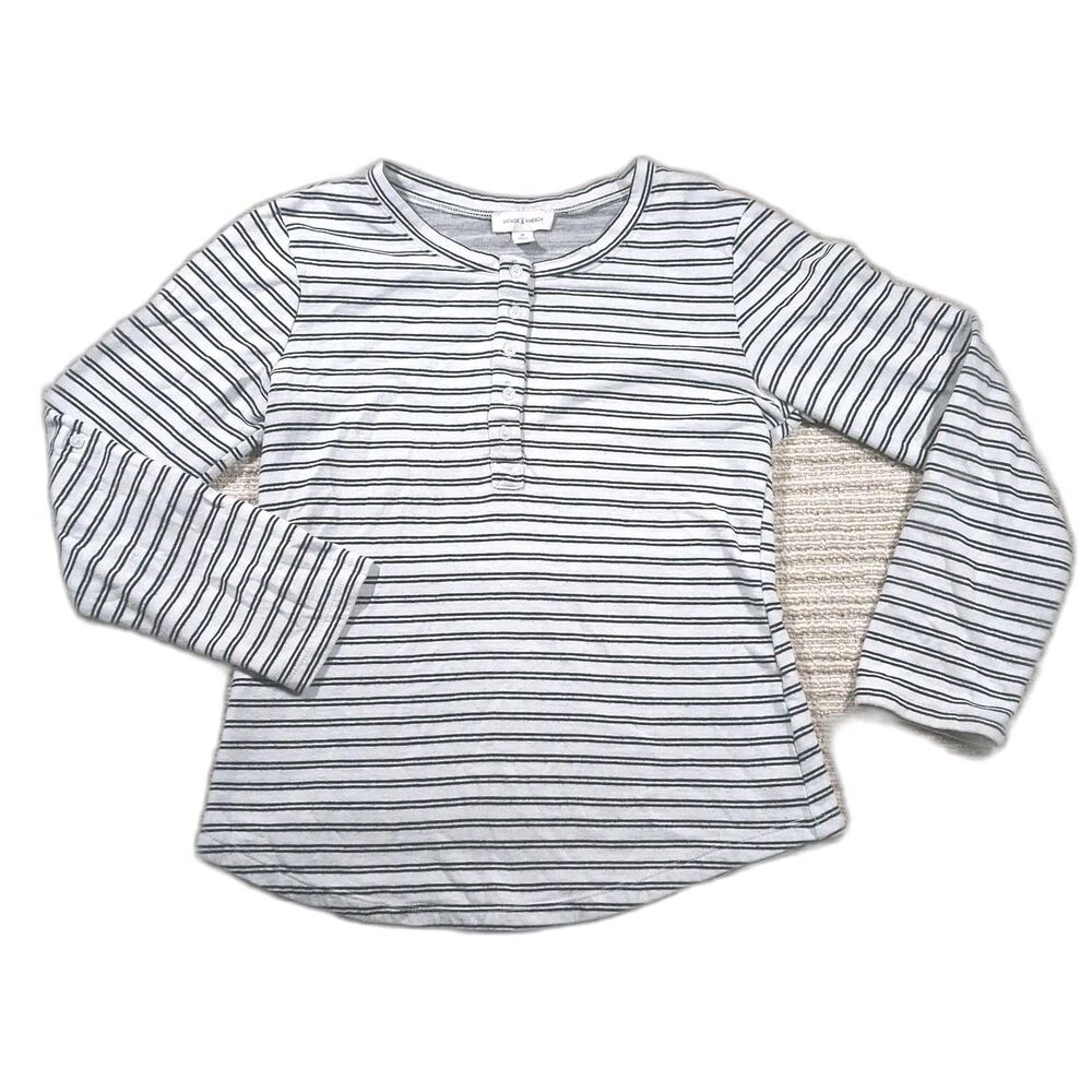 Vintage America Blues Womens Medium White Striped Long Sleeve Henley Knit Shirt